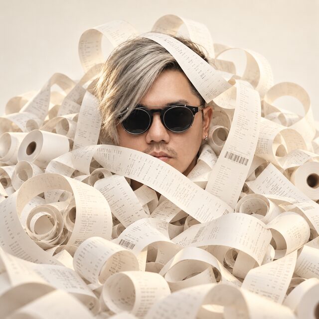 Tio Jung wearing sunglasses, surrounded by curling paper receipts